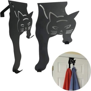 Evelots Cat Over-The-Door Hooks – Set of 2 Black Metal Hooks